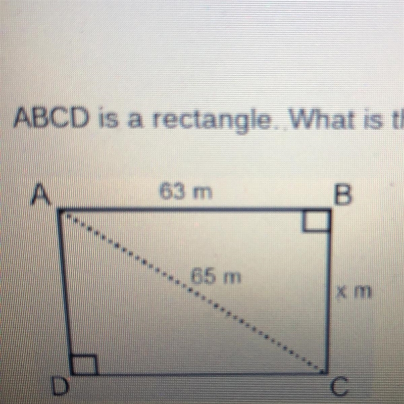 ABCD is a rectangle. What is the value of x? А 63 m B 165 m x m C A) 2 meters B) 16 meters-example-1