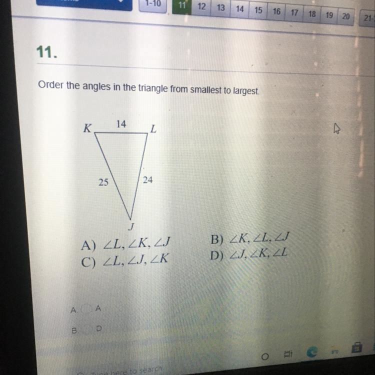 Order the angles in the triangle from smallest to largest 14 K к L 25 24 A) ZL, ZK-example-1