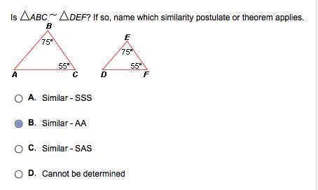 Is ABC DEF? If so, name which similarity postulate or theorem applies. Pls explain-example-1