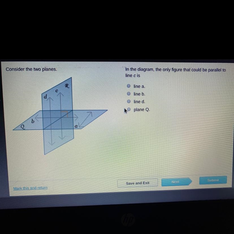 Consider the two planes. In the diagram, the only figure that could be parallel to-example-1