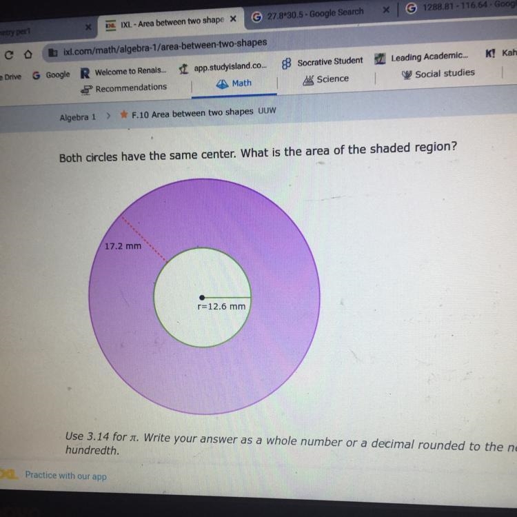 Both circles have the same center. What is the area of the shaded region? 17.2 mm-example-1