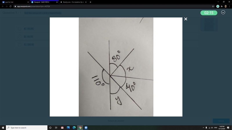 Find the values of x and y respectively A. 40, 80 B. 40,70 C. 110,30-example-1