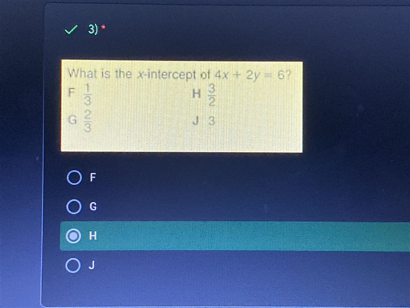 What is the x-intercept of 4x+2y=6 (i just need the work)-example-1