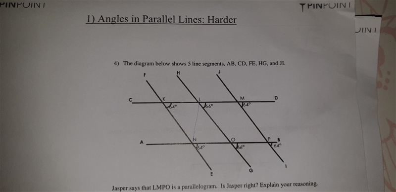 The diagram below shows 5 line segments. AB, CD, FE, HG, AND JI.-example-1