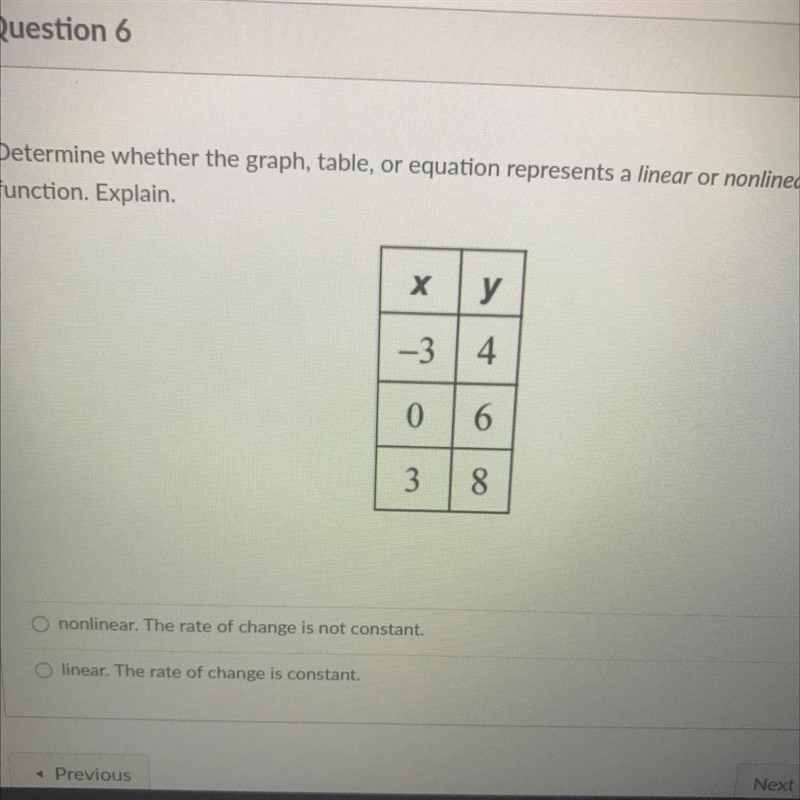 Determine whether the graph table or equation represents a linear or nonlinear function-example-1