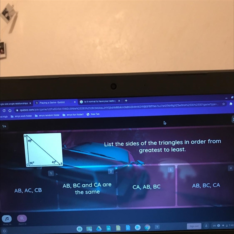 List the sides of the triangles in order from greatest to least. 2 1. AB, AC, CB 2.AB-example-1