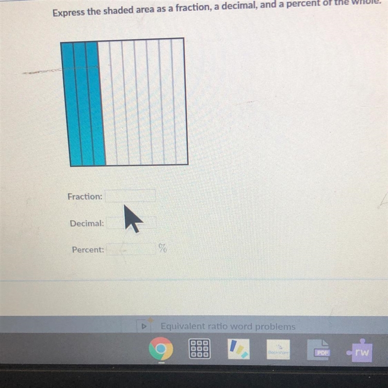 Express the shaded area as a fraction, a decimal, and a percent of the whole. Fraction-example-1