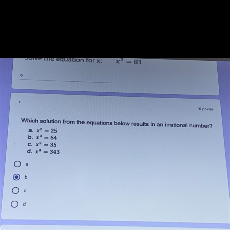 Which solution from the equations below results in an irrational number?-example-1