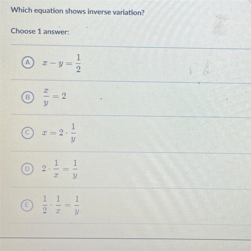 Which equation shows inverse variation?-example-1