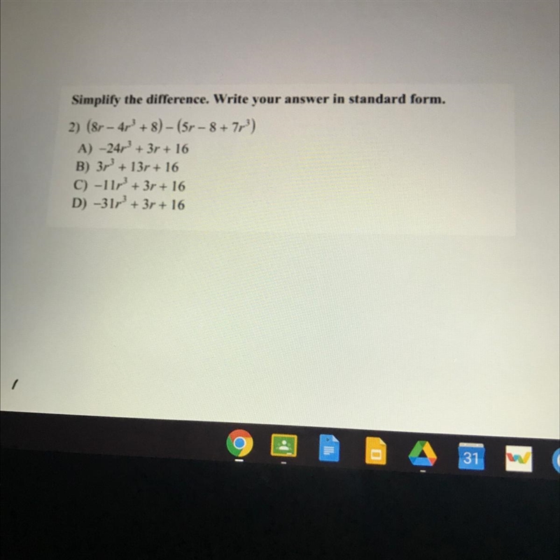 PLEASE I NEED HELP FOR THIS TEST Simplify the difference. Write your answer in standard-example-1