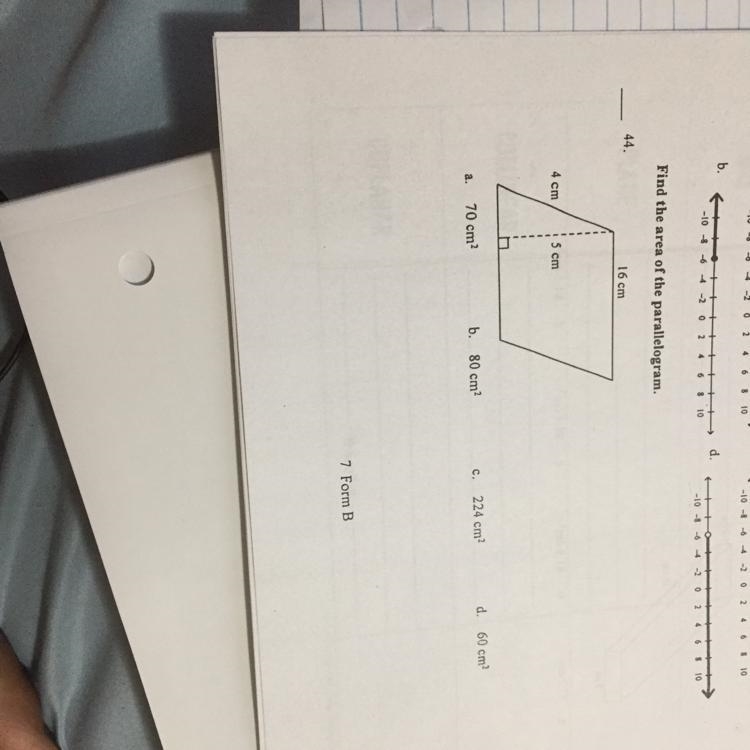 Find the area of the parallelogram. a. 70cm b. 80 cm c. 224 cm d. 60 cm-example-1