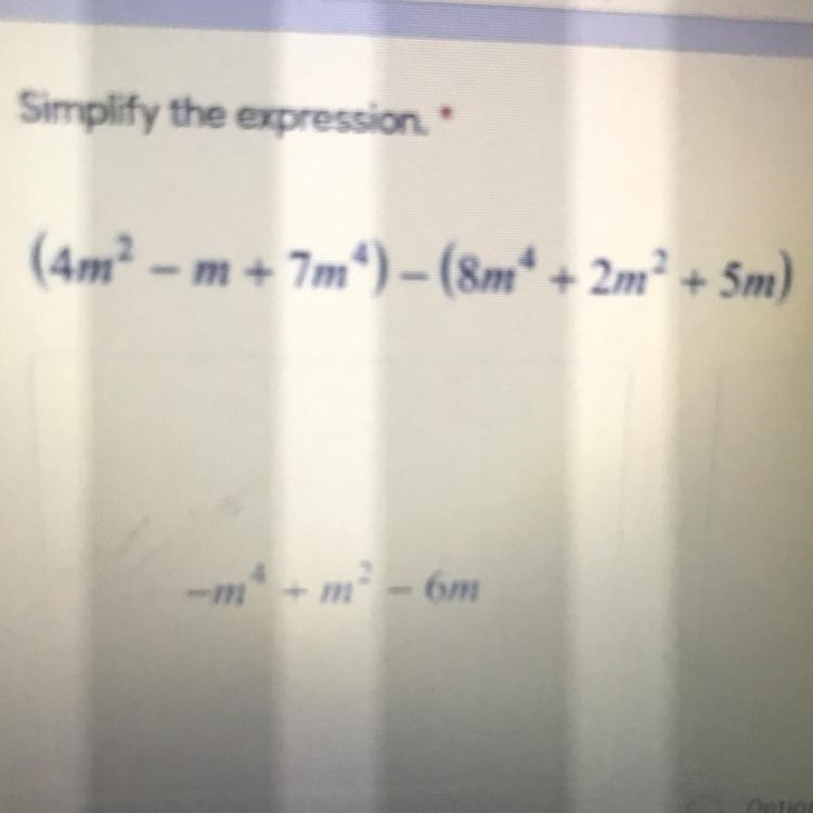 Simplify the expression (4m^2-m+7m4)-(8m^4+2m+5m)-example-1