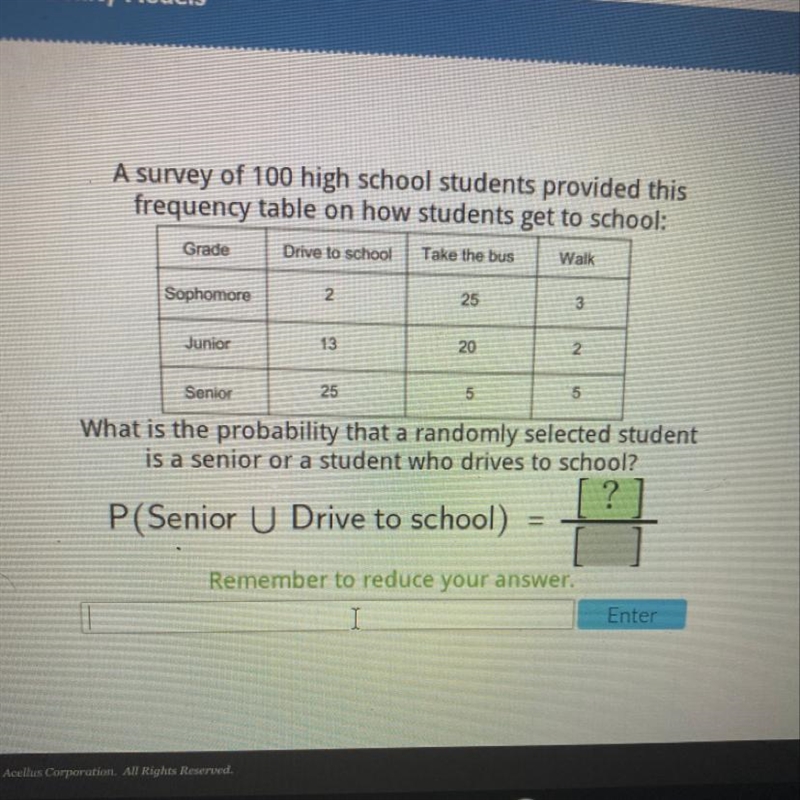 A survey of 100 high school students provided this frequency table on how students-example-1