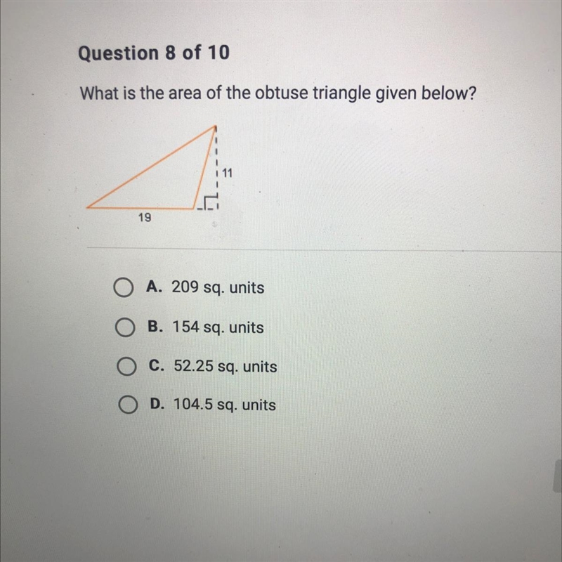 HELP ME PLEASE ASAP?!?! What is the area of the obtuse triangle given below?-example-1