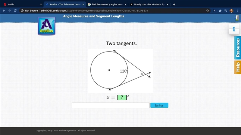 Two tangents. find x. angle measures and segment lengths. Acellus. PLEASE HELP!!!-example-1