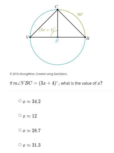 Study the diagram of circle B. Points C, R, and V lie on circle B. The radius, BC-example-1