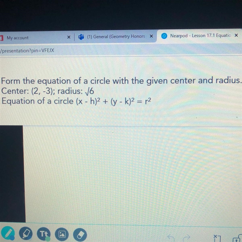 Form the equation of a circle with the given center and radius. Center: (2, -3); radius-example-1