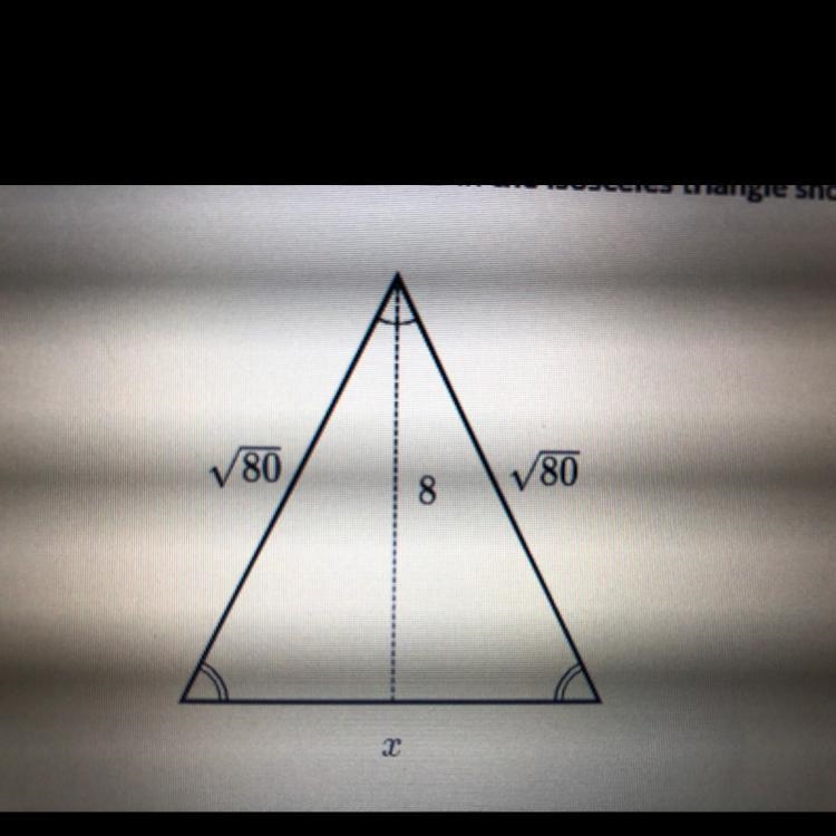 Find the value of x in the isosceles triangle shown below-example-1