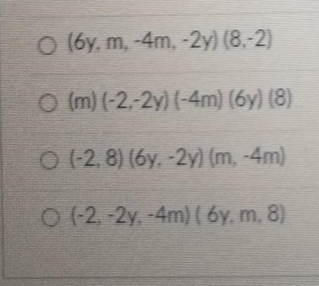 Identify the solution that has grouped the like terms correctly. -2+6y+m-2y+8-4m ​-example-1