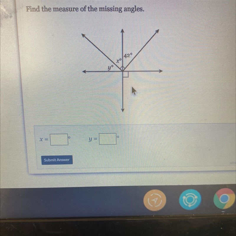 Find the measure of the missing angles. y =-example-1