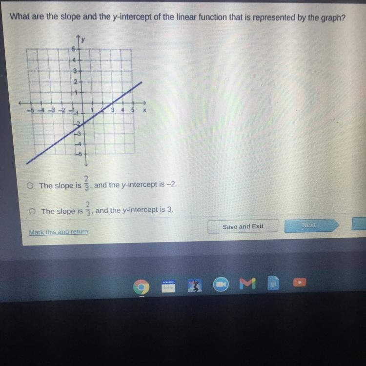 A-The slope is2/3 and the y-intercept is -2 B-The slope is 2/3,and the y-intercept-example-1