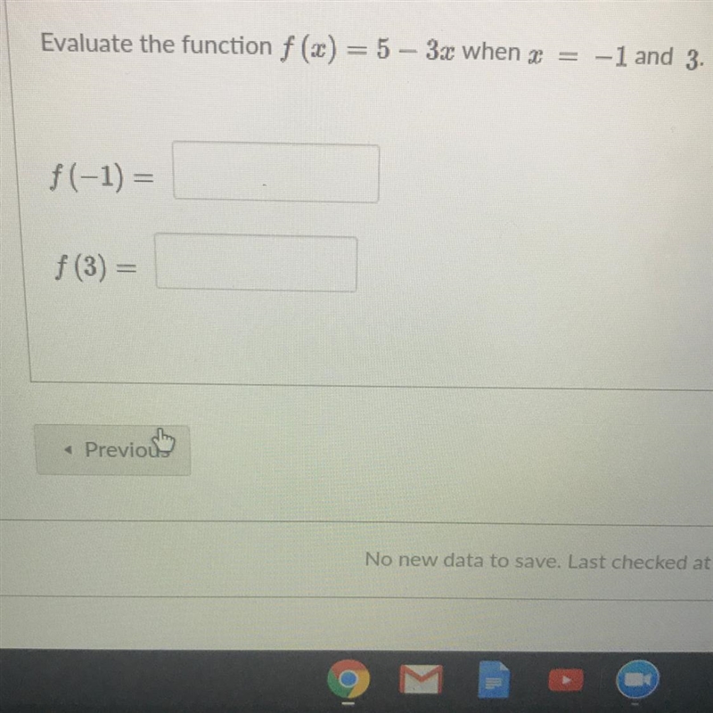 Evaluate the function f(x)=5-3x when x=-1 and 3-example-1