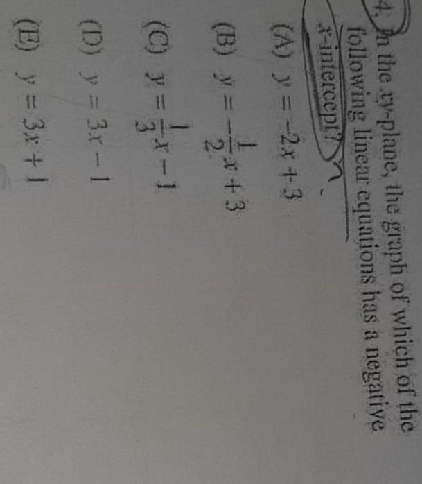 In the xy-plane, the graph of which of the following linear has a negative x-intercept-example-1