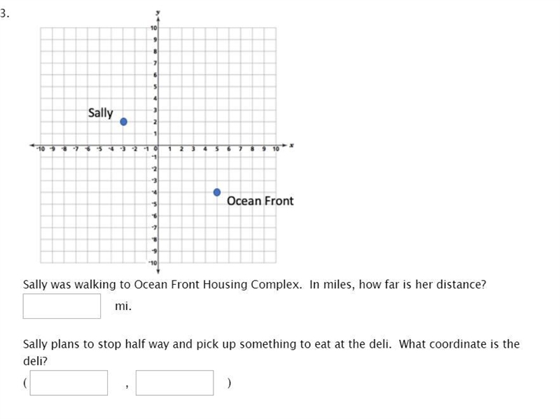 Sally was walking to Ocean Front Housing Complex. In miles, how far is her distance-example-1