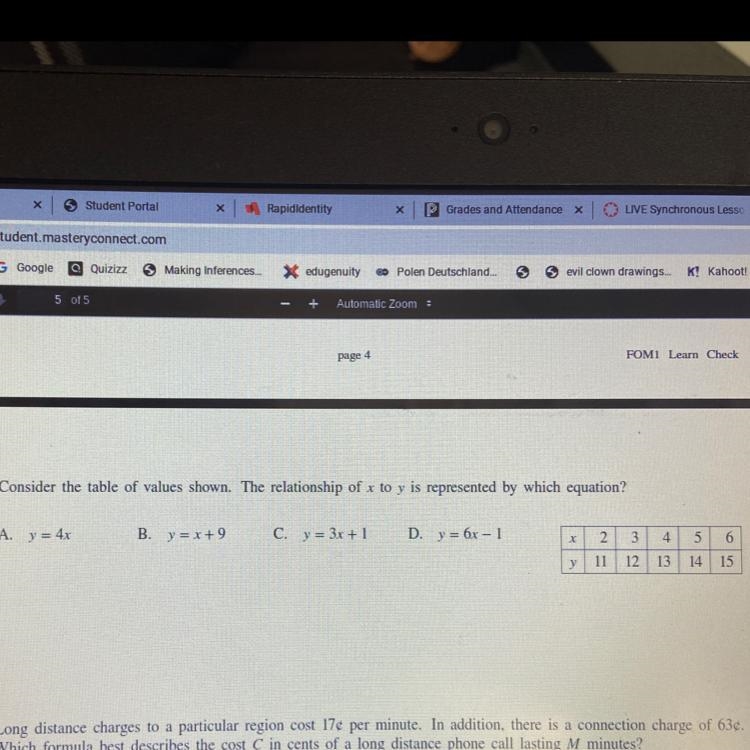 HELP consider the table of values shown . The relationship of x to y is represented-example-1