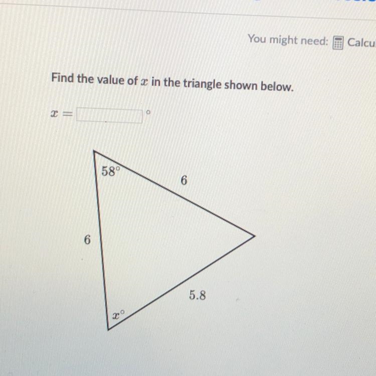 Find the value of x in the triangle shown below. x=-example-1