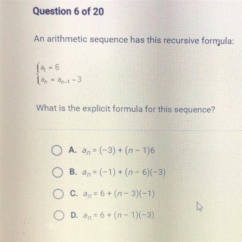 Need answered ASAP!! An arithmetic sequence has this recursive formula: (a = 6 1er-example-1