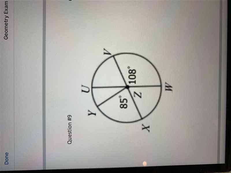 Please helpppp! Find the measure of central angle YZU Thank you!-example-1