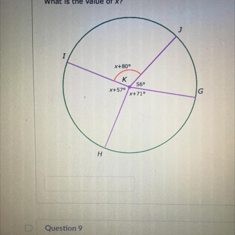 What is the value of x? I X+80° K 56° X+570 x+71° G H-example-1