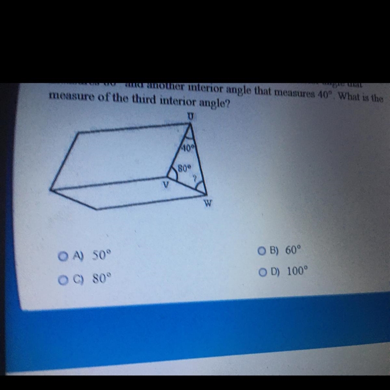 The triangular base of the prism shown has one interior angle that measures 80° and-example-1