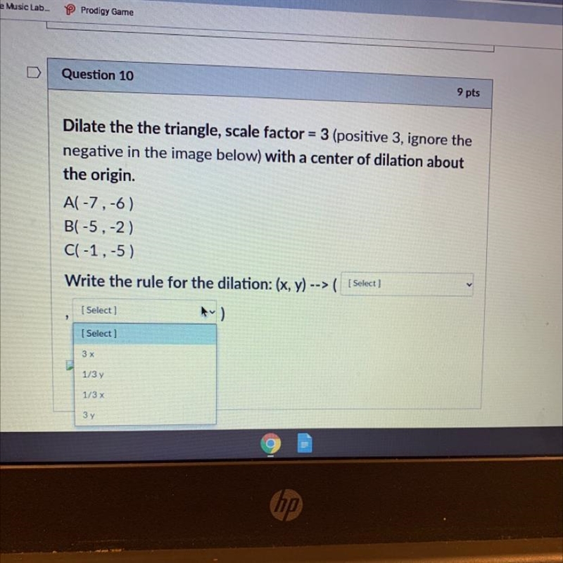 Dilate the the triangle, scale factor = 3 (positive 3, ignore the negative in the-example-1