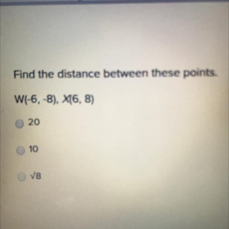 Find the distance between these points. W(-6, -8), X6, 8)-example-1