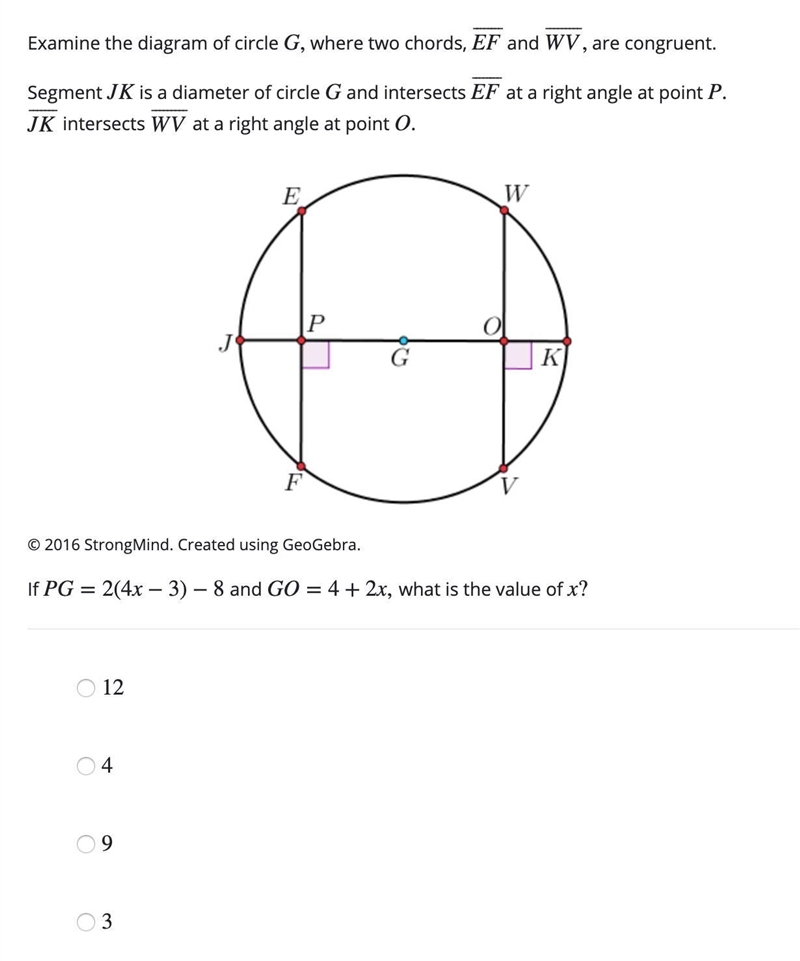 12. Please help. If PG=2(4x−3)−8 and GO=4+2x, what is the value of x?-example-1