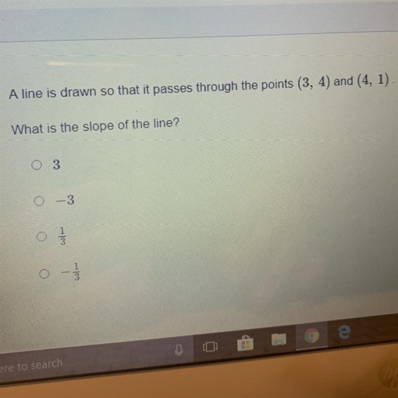 A line is drawn so that it passes through the points (3, 4) and (4, 1) What is the-example-1