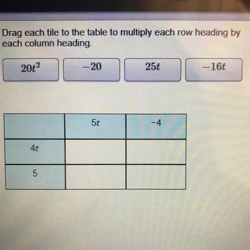 Drag each tile to the table to multiply each row heading by each column heading.-example-1