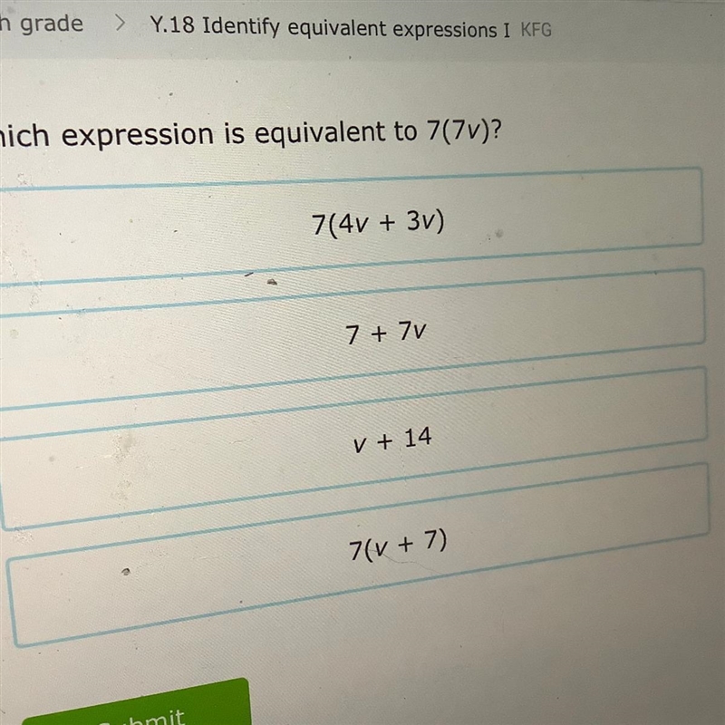 What expression is equivalent to 7(7v)-example-1