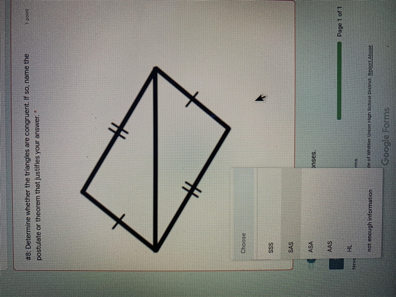 PLEASE HELP “Determine whether the triangles are congruent. if so, name the postulate-example-1