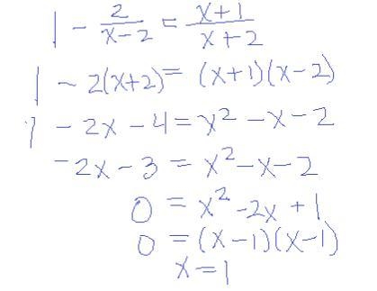 HELP PLEASE, ASAP!!!! A classmate simplified a rational equation 1-2/x-2 = x+1/X+2 1 - 2/x-example-1