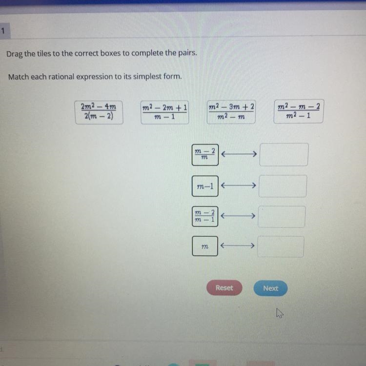 Drag the tiles to the correct boxes to complete the pairs. Match each rational expression-example-1