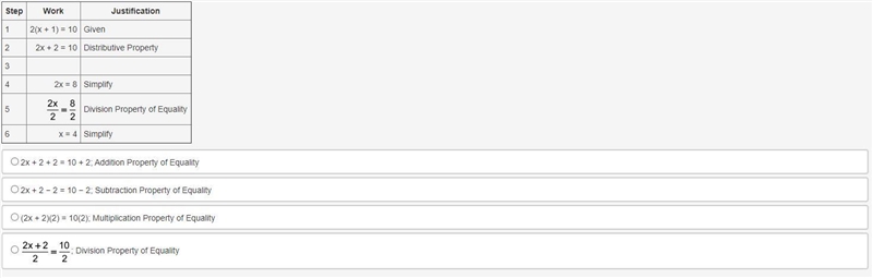 Fill in the missing work and justification for step 3 when solving 2(x + 1) = 10-example-1