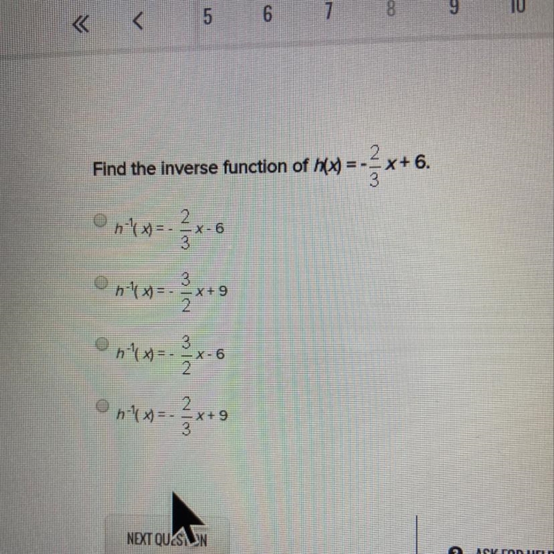 Find the inverse function of h(x)=-2/3x+6-example-1