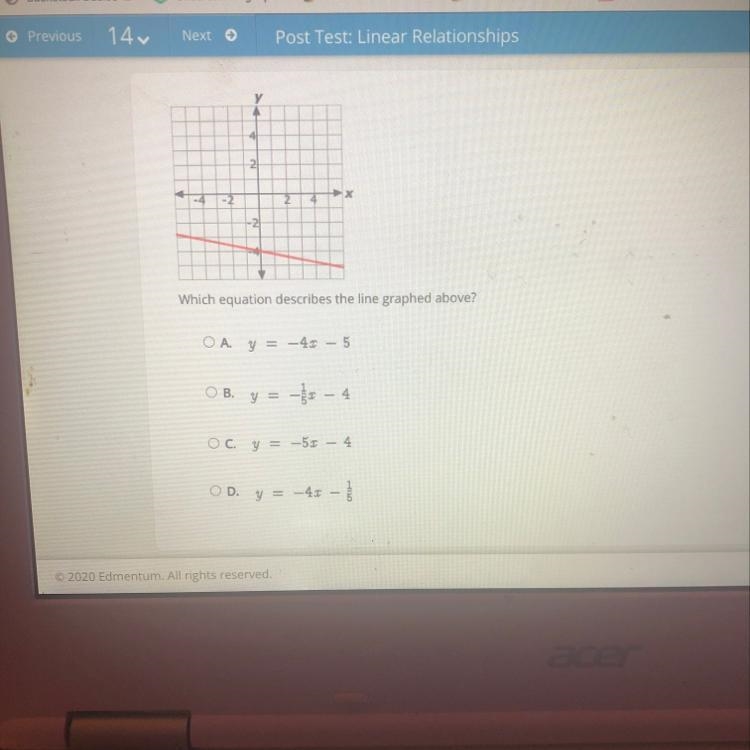 14 Select the correct answer Which equation describes the line graphed above? OA y-example-1