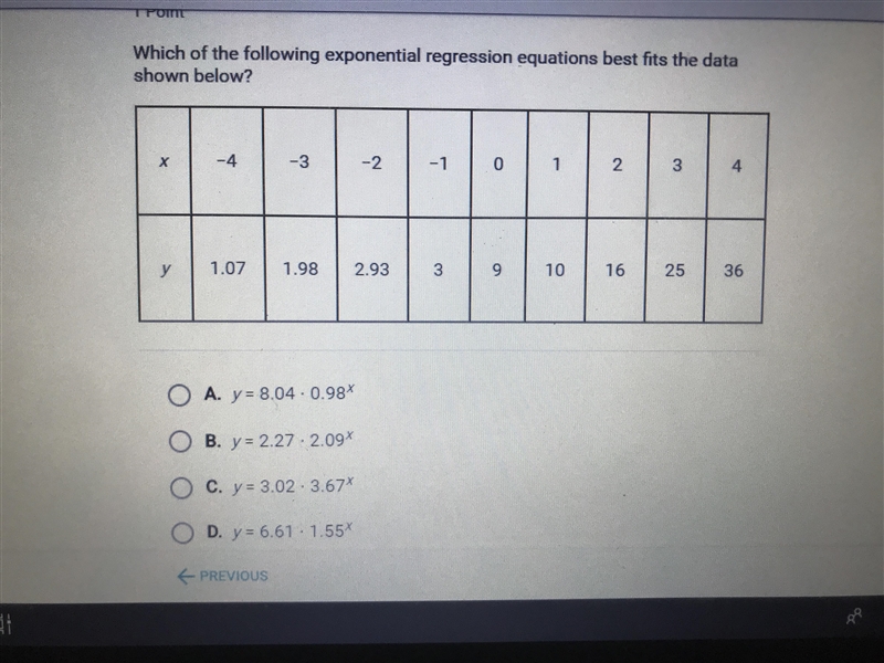 Which of the following exponential regression equation best fits the data shown below-example-1