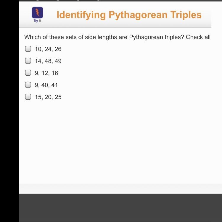 Which of these sets of side lengths are pythagorean triples!-example-1