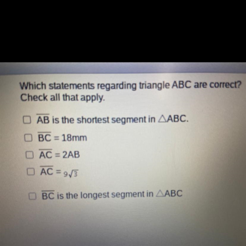 Which statements regarding triangle ABC are correct Check all that apply.-example-1