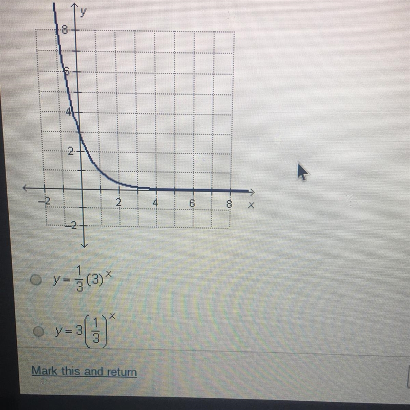 Which function is graphed below Y=1/3(3)x Y=3{1/3}^3 Y=(1/2)^x+2-example-1